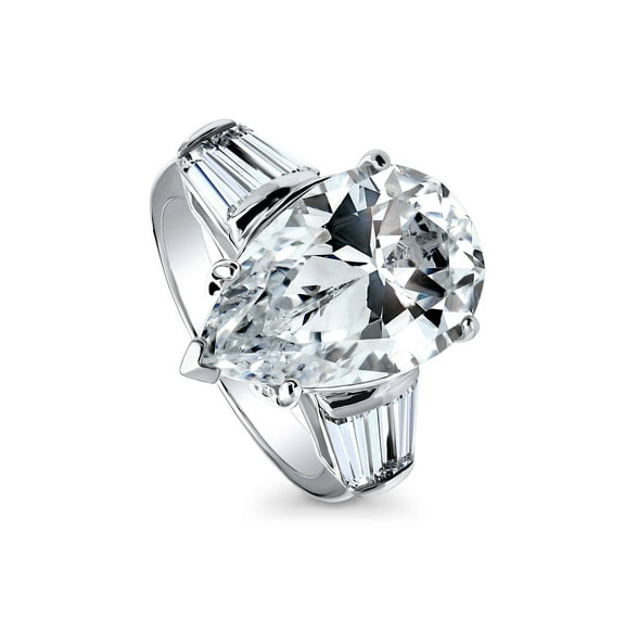 BERRICLE Sterling Silver 3-Stone Wedding Engagement Rings 8 Carat Pear Cut Cubic Zirconia CZ Statement Cocktail Anniversary Ring for Women, Rhodium Plated Size 10