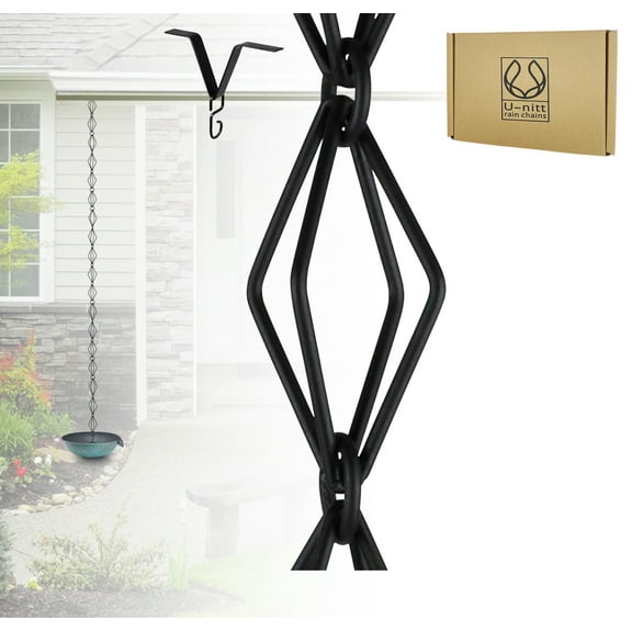U-nitt Rain Chains, Roof Gutter Downspout Channel, Rainwater Catcher/Diverter, 8.5 FT, Metal, Black Powder Coated, Diamond Link, Modern, 6002BLK