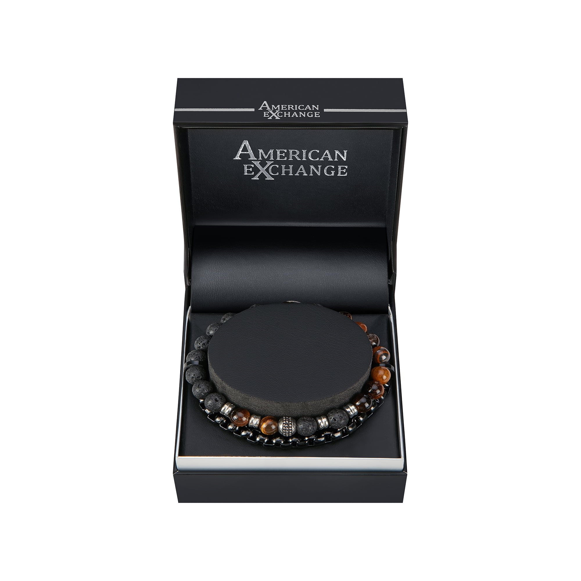 American Exchange 2 Piece Precious Stone & Alloy Brown/Gunmetal Beads Stackable Bracelet for Men