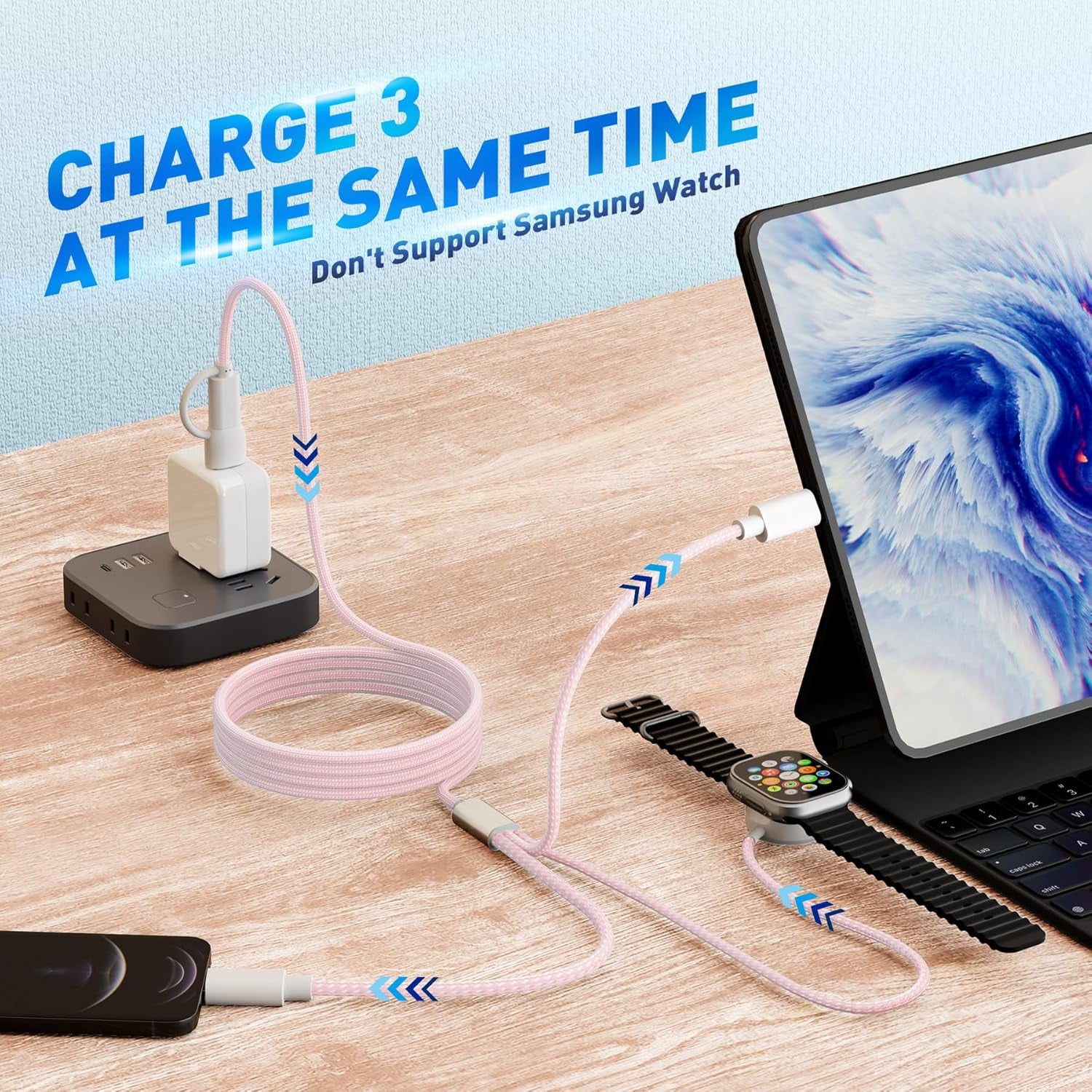 Charging USB C Watch Phone Charger 3 in 2 Cable, Compatible with Apple Watch Ultra SE Series 1-8, Universal Travel Multi Devices All in One Cord, 4FT/1.2M-Blue