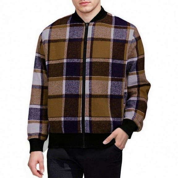 DAFPZW Men's Flannel Casual Varsity Jacket Vintage Lightweight Plaid Bomber Jackets Fall Long Sleeve Zip Up Fashion Coat