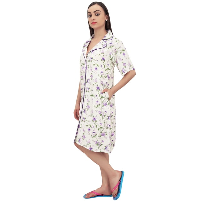 Bimba Chemise de Nuit à Manches Courtes Imprimé Floral Violet pour Femmes avec Poches - 4