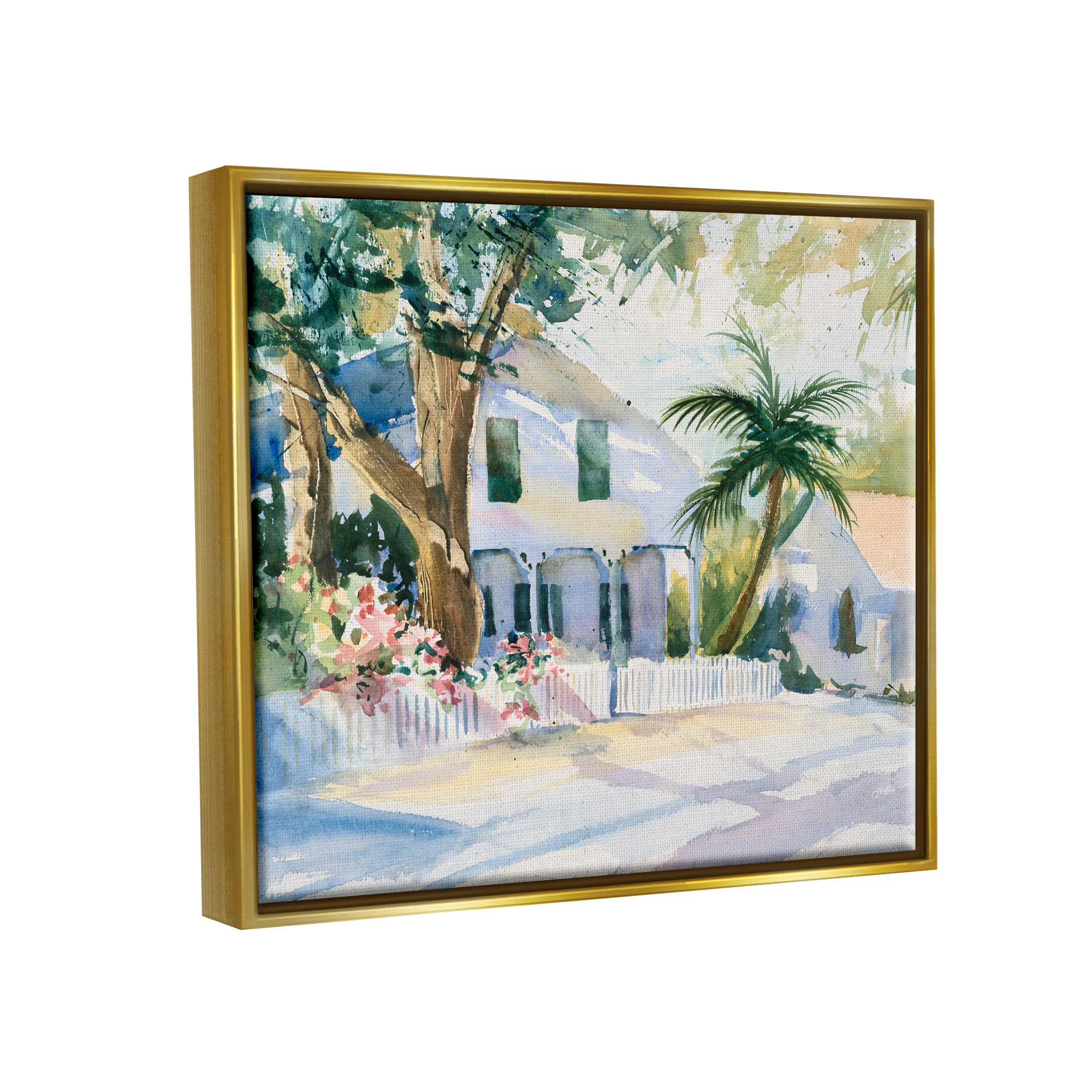 Stupell Industries Seaside Neighborhood Palm Trees Coastal Painting Gold Floater Framed Art Print Wall Art