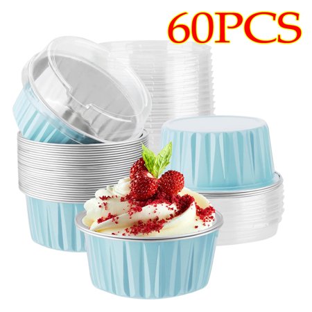

Aluminum Foil Baking Cups with Lids Disposable Cupcake Baking Cups for Dessert Pudding Party Wedding Birthday(Blue 60PCS)