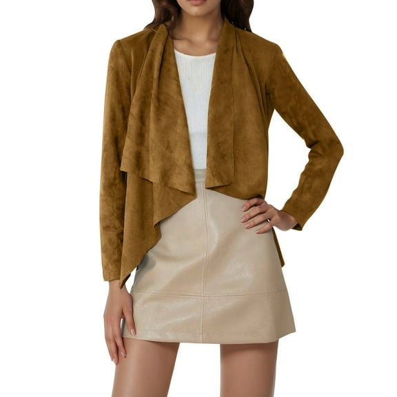 HJYCHN Women's Fall Cardigan Lapel Lightweight Leather Cropped Jacket Cozy Fabric Outerwear Brown L