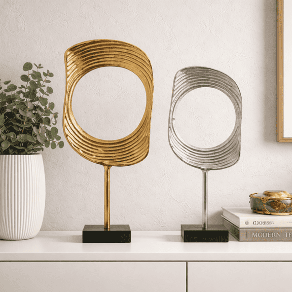 Gold & Nickel Aluminum Ring Sculptures with Black Base – Set of 2 (23" & 21" H)