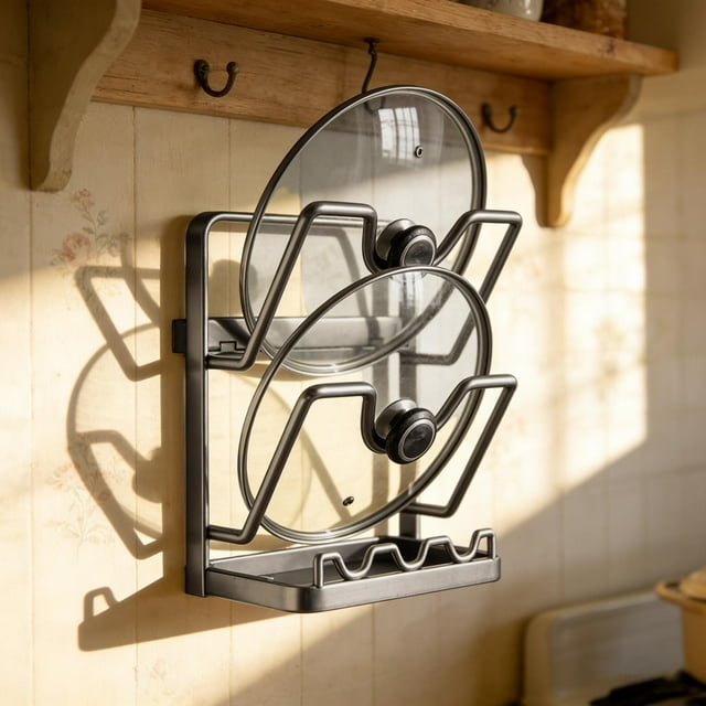Multifunctional Kitchen Lid Organizer Stand with Integrated Tray for Cooking Utensil and Stove Top Storage