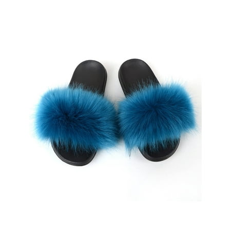 

Zodanni Women Fuzzy Slippers Color Block Fluffy Slides Furry Slipper Breathable Shoe Outdoor Lightweight Faux Home Shoes Blue 10.5-11