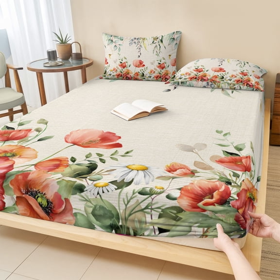 King Size Fitted Sheet Set - Red Poppy 3 Piece Bedding Sets 16" Deep Pocket Fitted Sheet with 2 Pillowcases, Farmhouse Country Vintage Flower Leaf Plant Brushed Microfiber Hotel Luxury Bed Sheets
