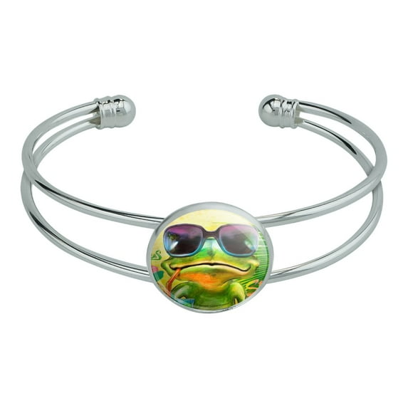 Summertime Vacation Frog Novelty Silver Plated Metal Cuff Bangle Bracelet