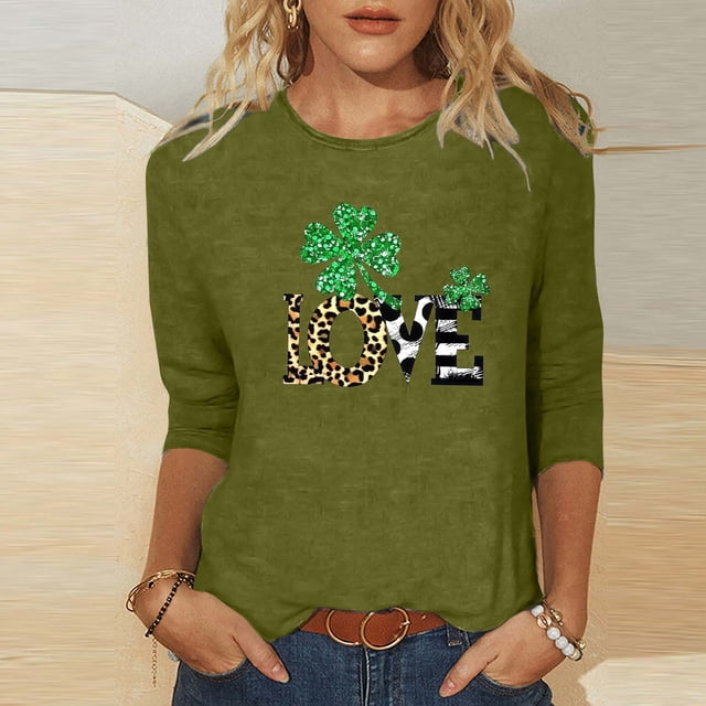 TaTaai Women Loose Black Top St. Patrick's Print Crew Neck 3/4 Sleeve Fashion Tee Ladies Spring Daily Wear Soft Comfortable Non-See-Through No Fading Stylish Top Gift