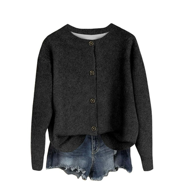 Lmnyox Button Down Cardigan for Women Solid Long Sleeve Crew Neck Knit Tops Fall Winter Fashion Sweaters