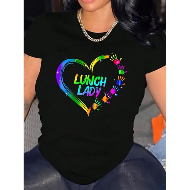 Camiseta de mujer Ropa de verano básicaWomen's "Lunch Lady" Heart Print T-Shirt - Casual Black Short Sleeve Tee with Colorful Hand-Drawn Design, Comfortable Polyester Blend, Round Neck, Perfect for