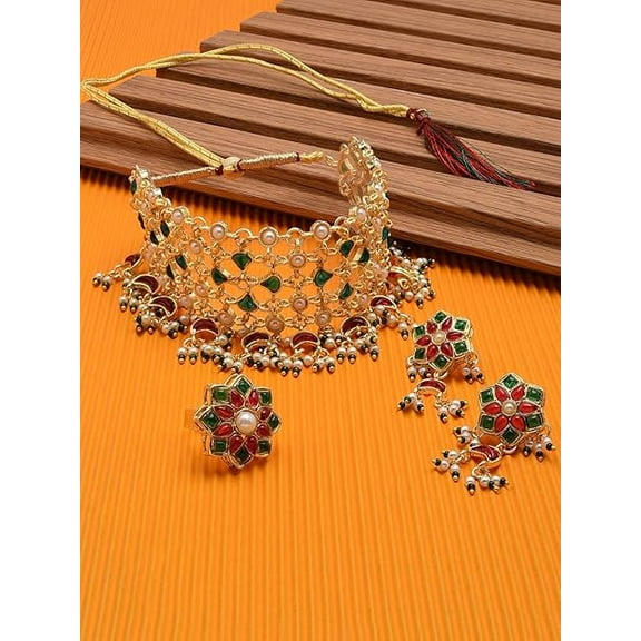 Elegant Indian Gold Plated Kundan Choker Necklace and Adjustable Ring Set