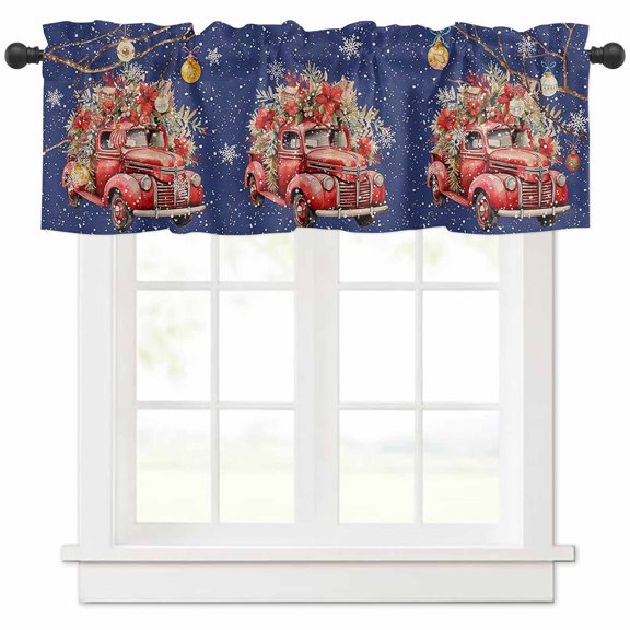 Christmas Red Valances for Windows, Truck Poinsettia Flower Balls Blue Linen Light Filtering Window Treatment Valances, Rod Pocket Small Curtains for Kitchen/Bathroom, 60"x14"