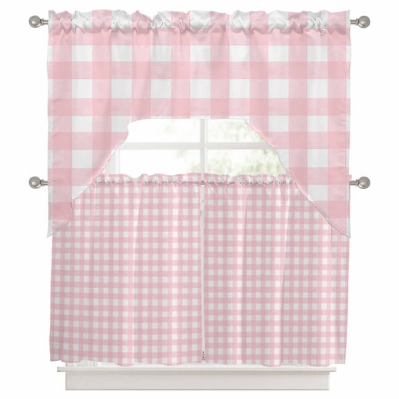 Curtains Swag and Tiers Curtains Set, Pink Buffalo Plaid Valances with Kitchen Tier Curtain 36 Inches Long, Farmhouse Pink White Checkered Swag Light Filtering Curtains for Sink/Laundry Room