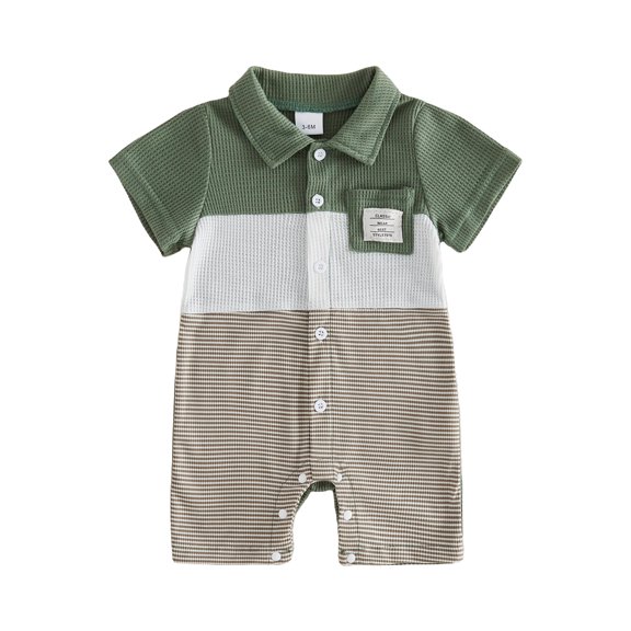 Cenuakty Baby Boy Summer Romper Fashionable Contrast Color Striped Short Sleeve Turn Down Collar Jumpsuit