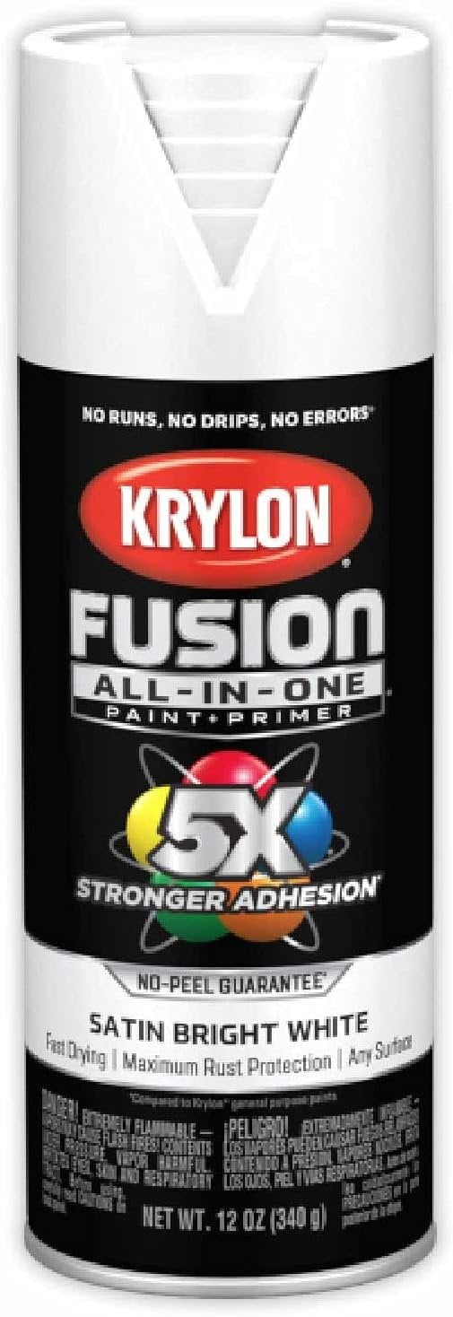 Krylon K02734007 Fusion All-In-One Spray Paint for Indoor/Outdoor Use, Satin Bright White, 12 Ounce Pack of 1