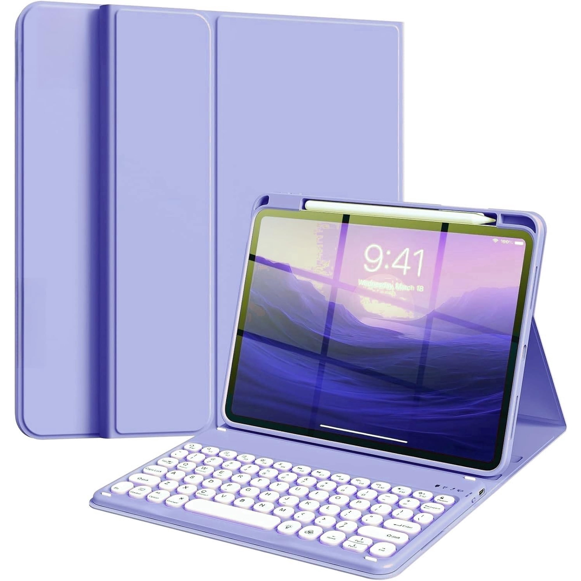 Round Keys Keyboard Case for iPad 9th/8th/7th Generation/Air 3/Pro 10.5,Cute Color Folio Stand Cover with Upper Pencil Holder and Magnetic Detachable Wireless Keyboard，Light Purple
