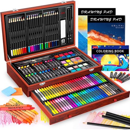Art Supplies, 153-Pack Deluxe Art Set in Wooden Case, Crafts Drawing Painting Kits with 2 A4 Sketch Pads, Coloring Book, Christmas Birthday Gifts for Teens Girls Boys Kids Adults Artists