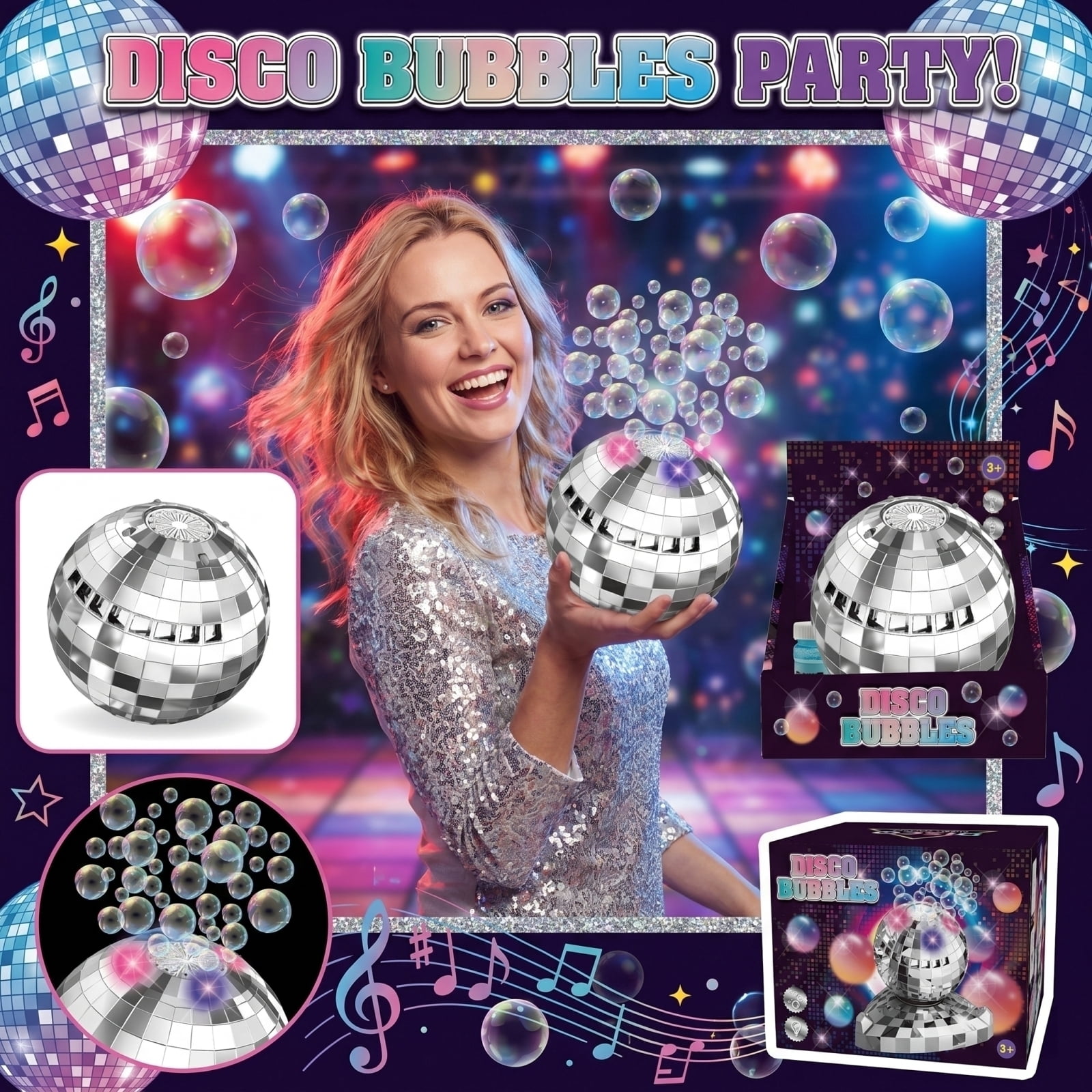 Disco Ball Bubble Machine with LED Lights Automatic Bubble Blower for Parties Outdoor Events and Celebration Decorations Includes 50ml Bubble Solution (Silver)
