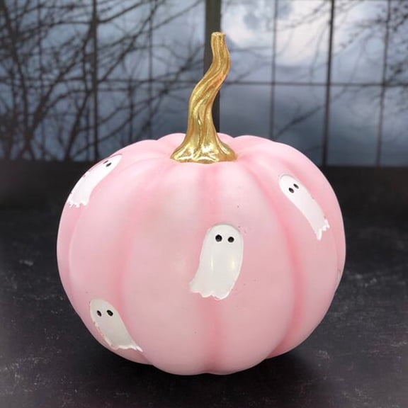 Pink Halloween Ghost Pumpkin Decoration, Resin Figurine Holiday Tabletop Ornament for Home Office Shelf Mantel Party Decor 18cm