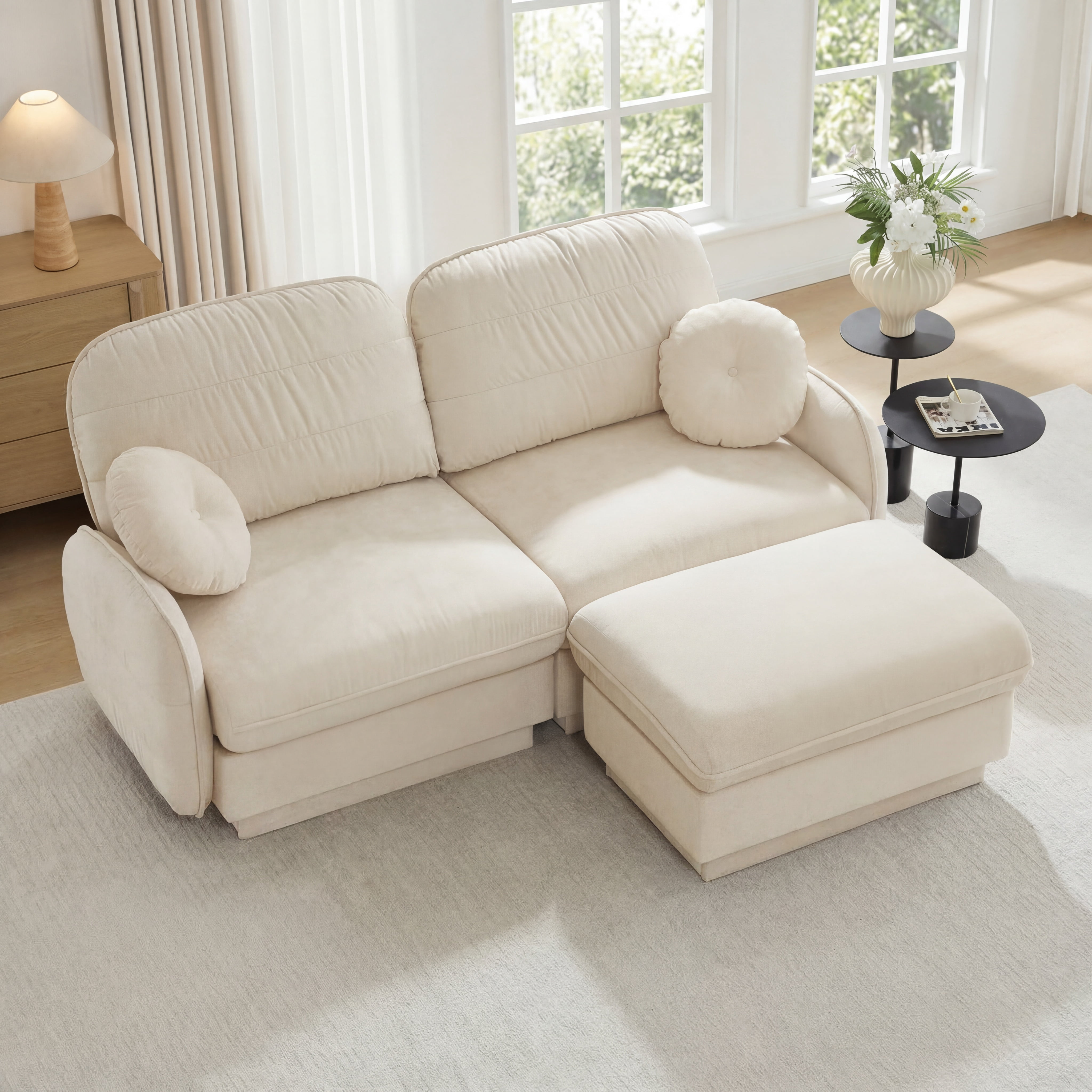 Mintazer Chenille Cloud Loveseat Sofa with Movable Ottoman and Round Pillows, L-Shaped Ergonomic Sofa Couch for Living Room, Bedroom, Cream