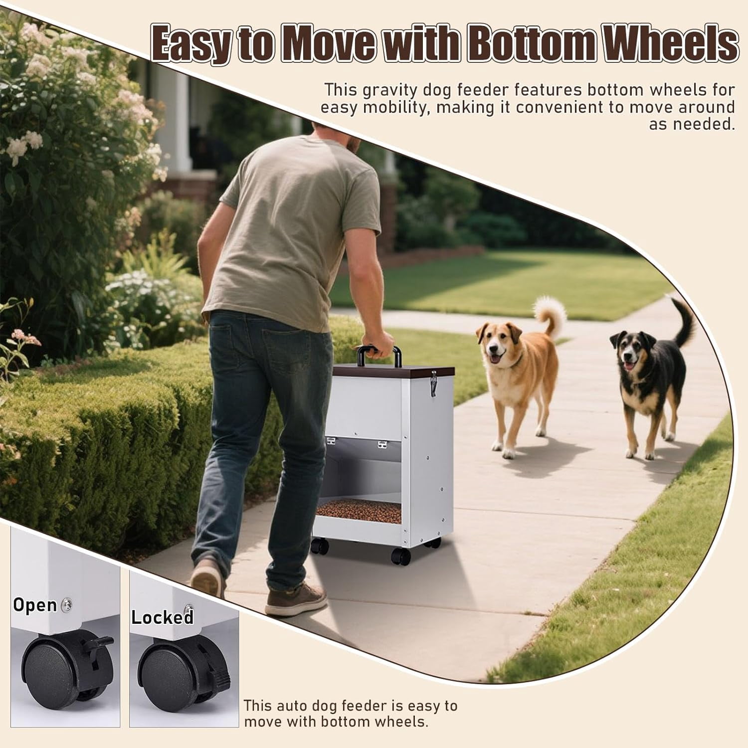 Outdoor Automatic Dog Feeder Large Breed 28 Lbs Capacity Galvanized Metal Self Feeding Dispenser with Clear Door Gravity Pet Feeder Wall Mountable Easy to Move with Wheels