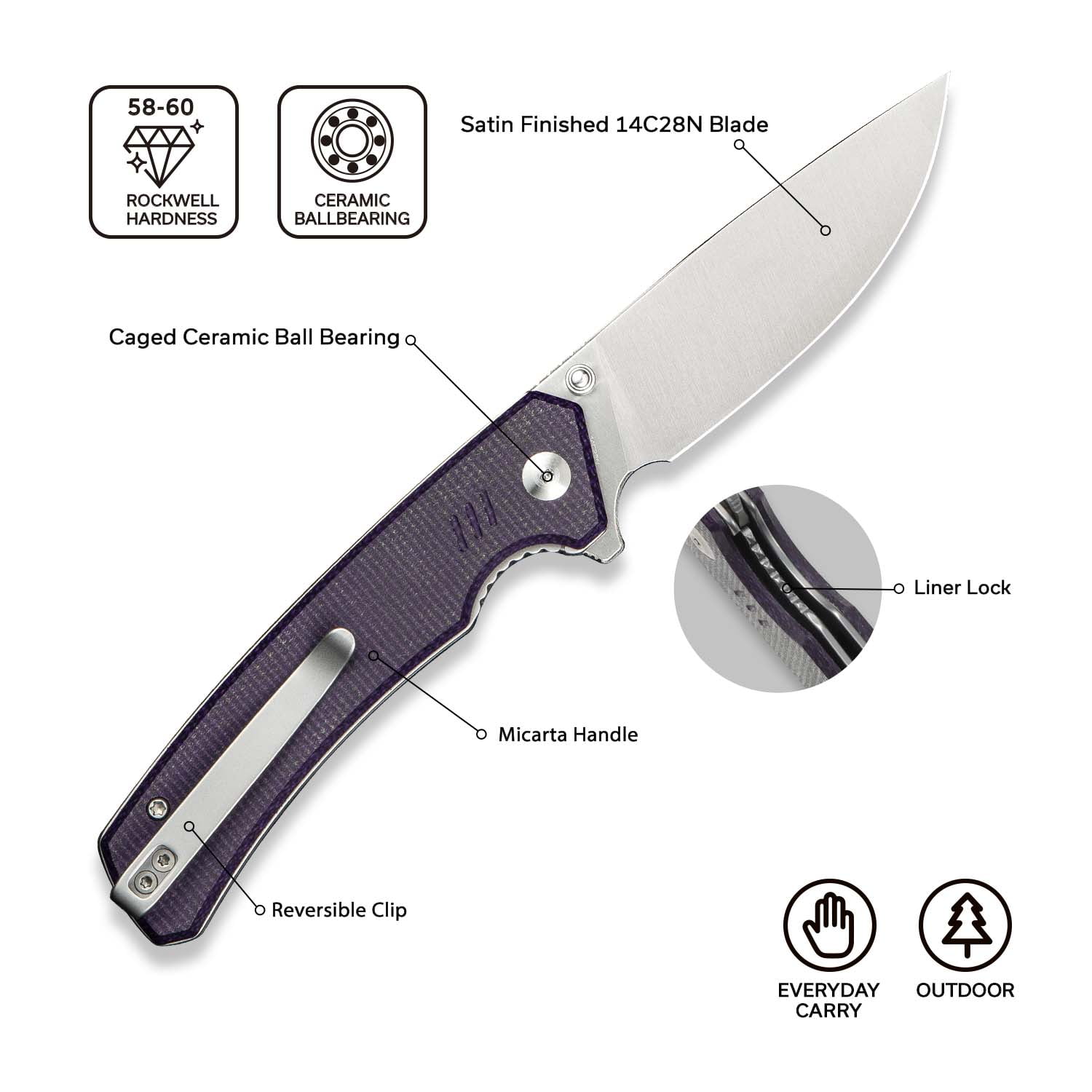 CIVIVI Merit Pocket Knife, Folding Knife with 3.28" 14C28N Blade Micarta Handle, Lightweight Knife with Reversible Pocket Clip for Camping Hiking Indoor & Outdoor, C24012-3, Purple