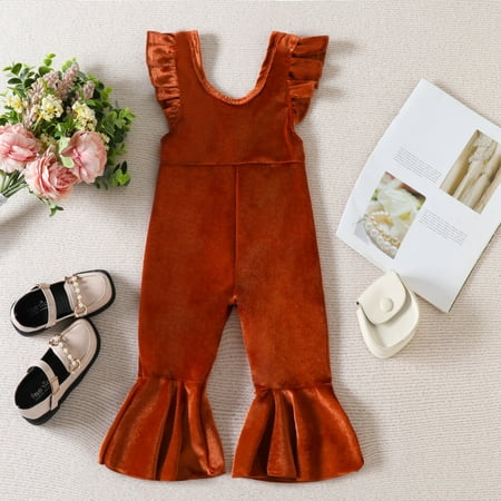 

Toddler Girls Ruffles Fly Sleeve Solid Romper Bell Bottoms Flare Jumpsuit