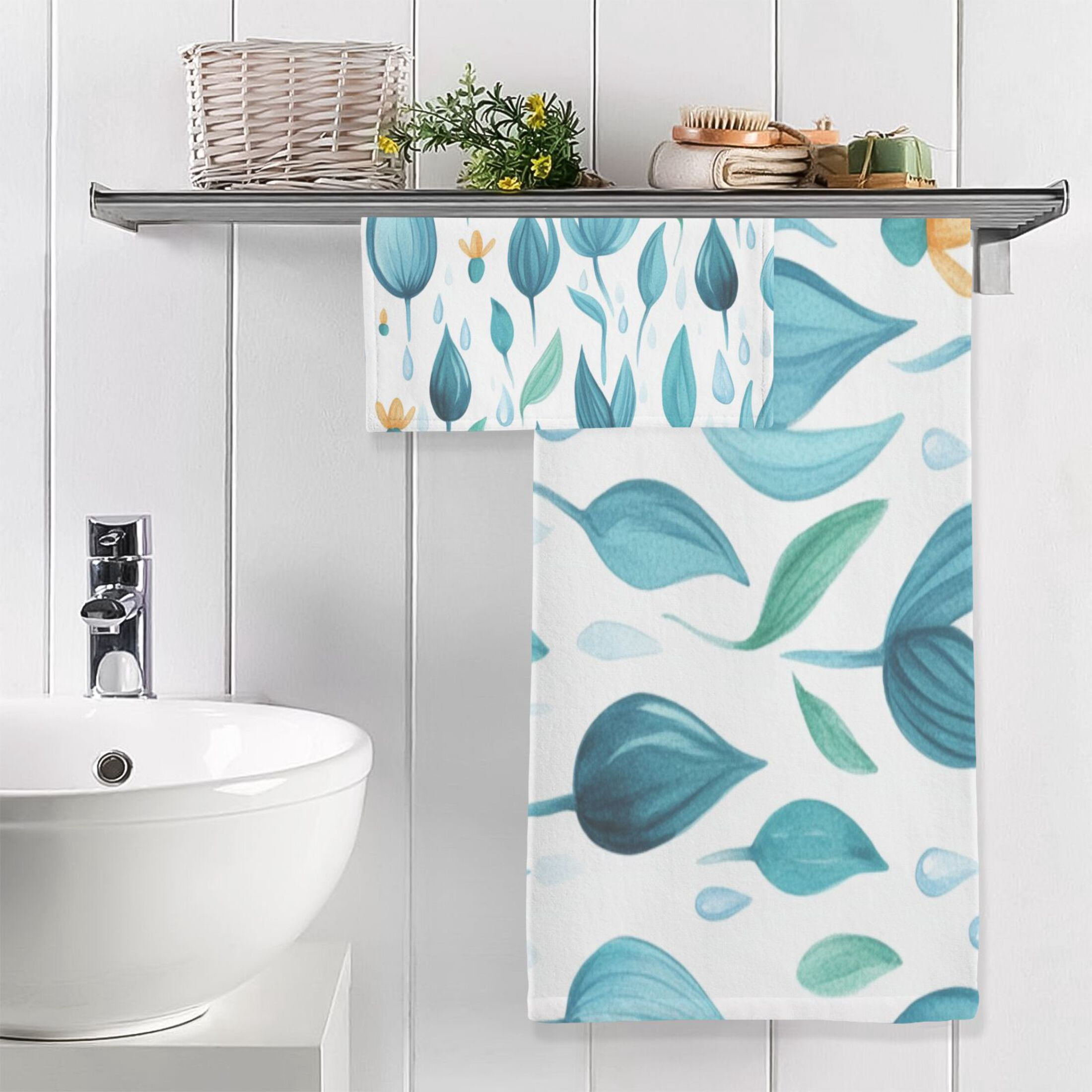 Teal Leaf Design 2 Piece Cotton Bath and Face Towel Set Soft and Absorbent, for Beach Pool Bathroom
