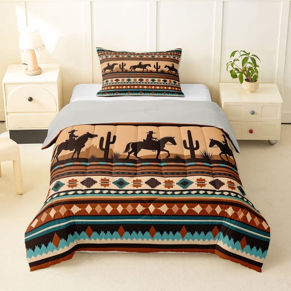 Homewish Bohemian Cowboy Twin Comforter Sets,Rustic Boho Stripes Bedding Set,Brown Teal,Light Gray Reversible,2pcs,1 Comforter and 1 Pillowcase