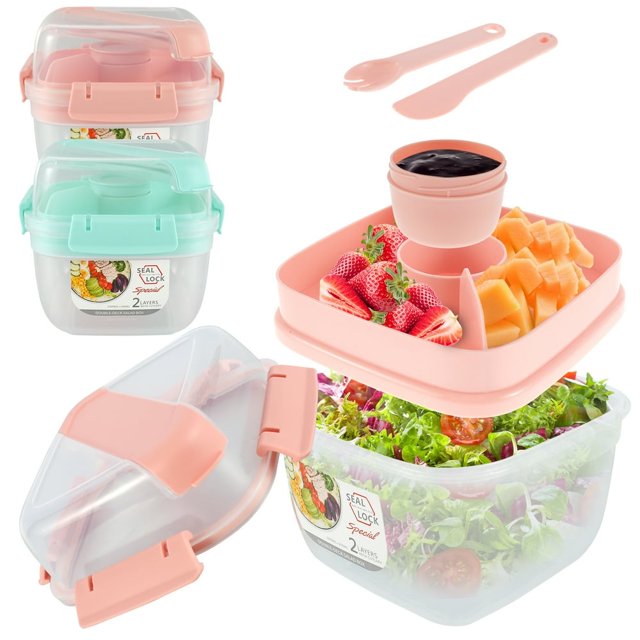 HLONK Salad Container with Utensils Leakproof Salad Bento Box with 3 Compartment Tray Reusable Salad Lunch Box with Salad Dressing Cup Bento Salad Bowl Microwave Safe for Food Fruit Snack