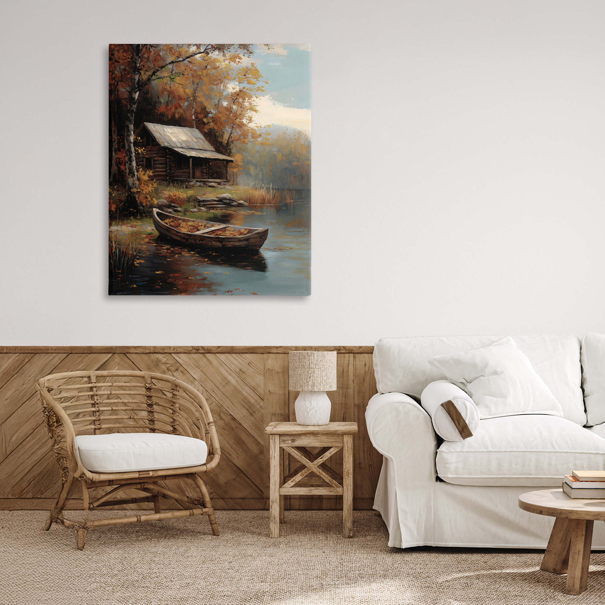 Autumn Cabin Canoe with Leaves Canvas Wall Art, design by Arlington Prints