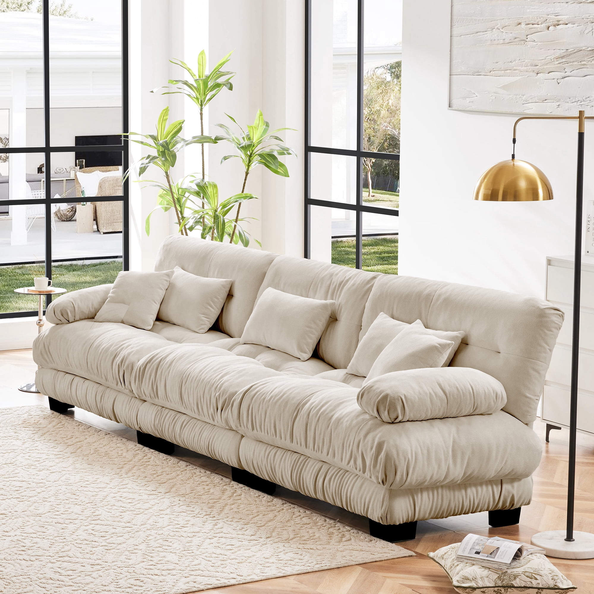 Gewnee 3-Seater 133.8" Modular Sectional Sofa, Deep Seat Chenille Cloud Couch with Lumbar Pillows & Throw Pillows, Upholstered Sofa for Living Room, Light Coffee