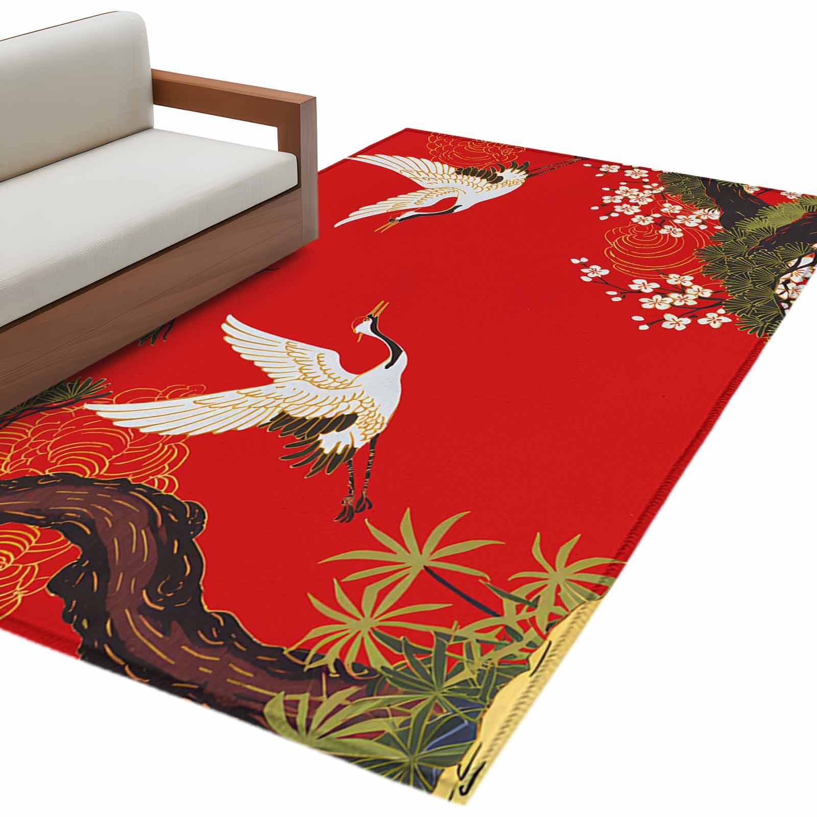 Rectangle Area Rug 4x6ft, Retro Crane Pine Flower on Red Non-Slip Non-Shedding Floor Mat, Asian Chinese Pastoral Scenic Washable Sturdy Carpet for Living Room Bedroom Home Decor