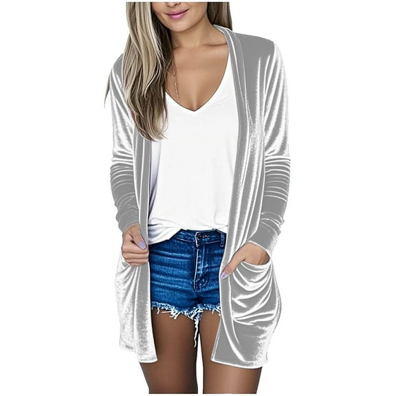Erwazi Women's Velvet Long Sleeve Open Front Cardigan Knitted Lightweight Outerwear Coats with Pockets
