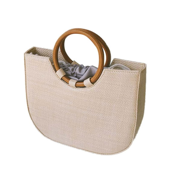 Masteelf Women Straw Shoulder Bag Fashion Round Wooden Handle Handbag Brand Designer Summer Beach Travel Bags Tote Handbag (Khaki)