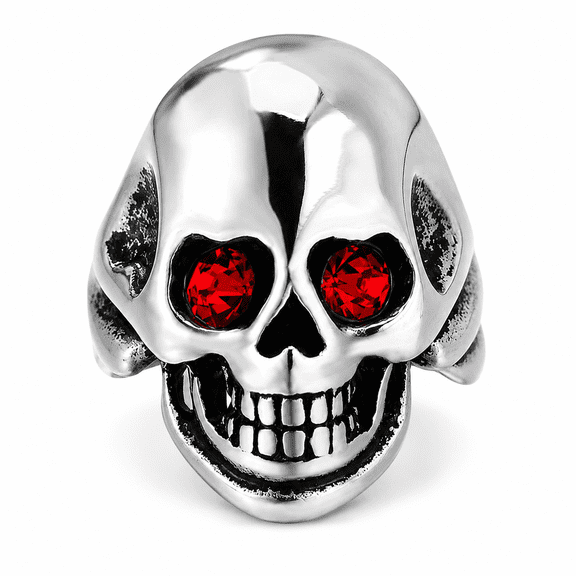 Men's Skull Ring, Gothic Biker Statement Ring with Red Eyes Design
