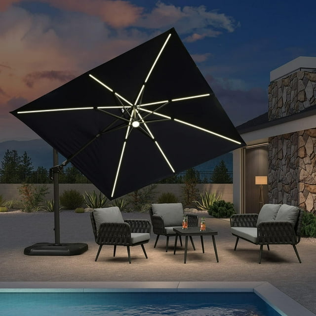 PURPLE LEAF Parasol Déporté 10 X 10 Pi Carré Pivotant à Énergie Solaire avec DEL pour Terrasse Extérieure, Grand Parasol Déporté en Aluminium avec Rotation à 360°, Parasol de Piscine Ajustable, Bleu Marine