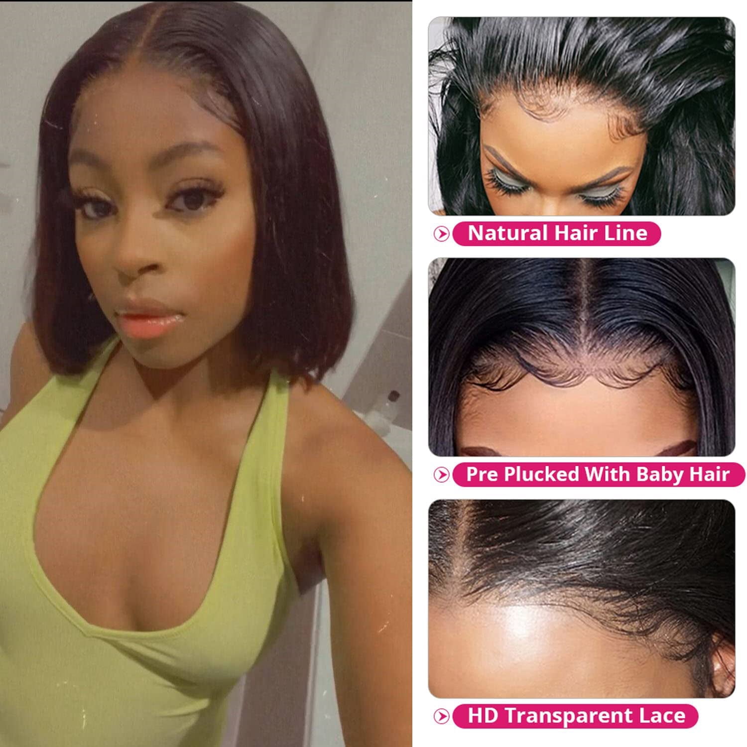 Transparent Lace Front Wigs Human Hair Middle Part Bob Wigs Human Hair 13x6 Lace Front Wigs Straight Human Hair Wigs Short Bob Wigs For Black Women Pre Plucked 150% Density 10Inch