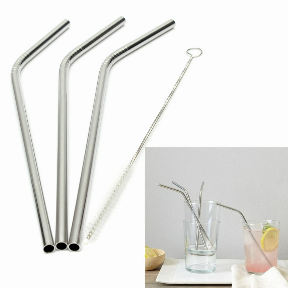 3 Stainless Steel Drink Straws + Cleaning Brush Drinking Straw Metal Durable Washable NONTOXIC