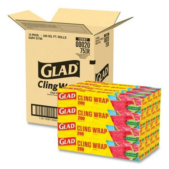New Glad ClingWrap Plastic Wrap, 200 Square Foot Roll, Clear, 12 Rolls/Carton