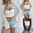 thumbnail image 3 of Women Long Sleeve Hollowout Knitted Short Cropped Sweater Solid Color Round Neck Shrug Cover Up Jumper Top Outerwear, 3 of 20