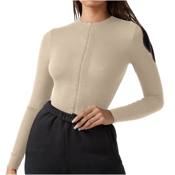 ylioge Long Sleeve Undershirt for Women, Womens Shapewear Bodysuit Y2k Skintight Slim Fit Zip Up Base Layer Solid Color Lightweight Warm One Piece Jumpsuits for Women Fall