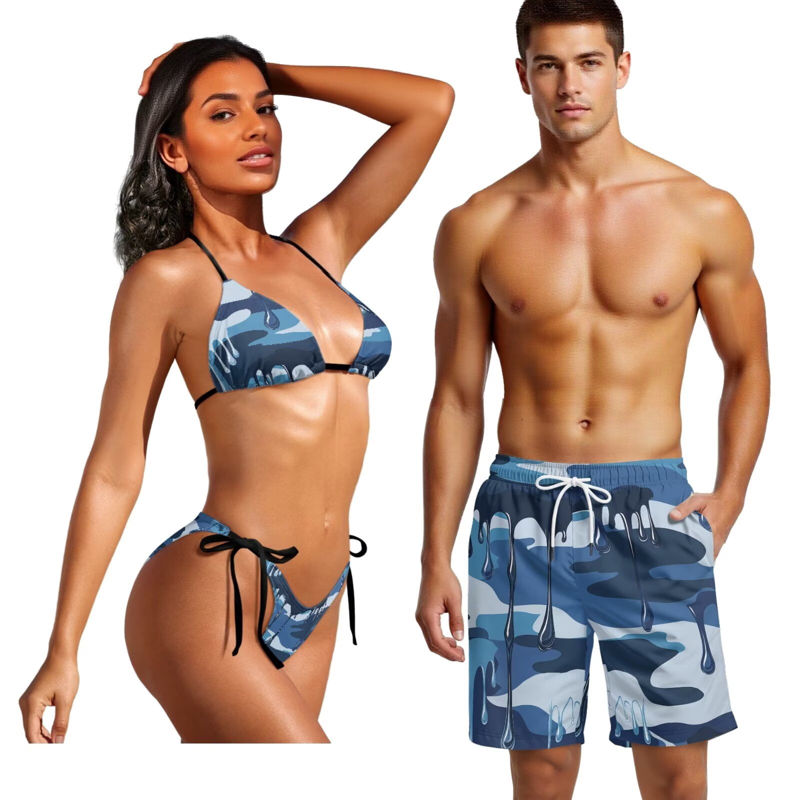 Uourmeti Camo Drip Blue Bikini Sets for Women Mens Swim Trunks Matching Swimsuits for Couples Tropical Vacation Summer Beach Swimwear Camouflage Summer Bathing Suit
