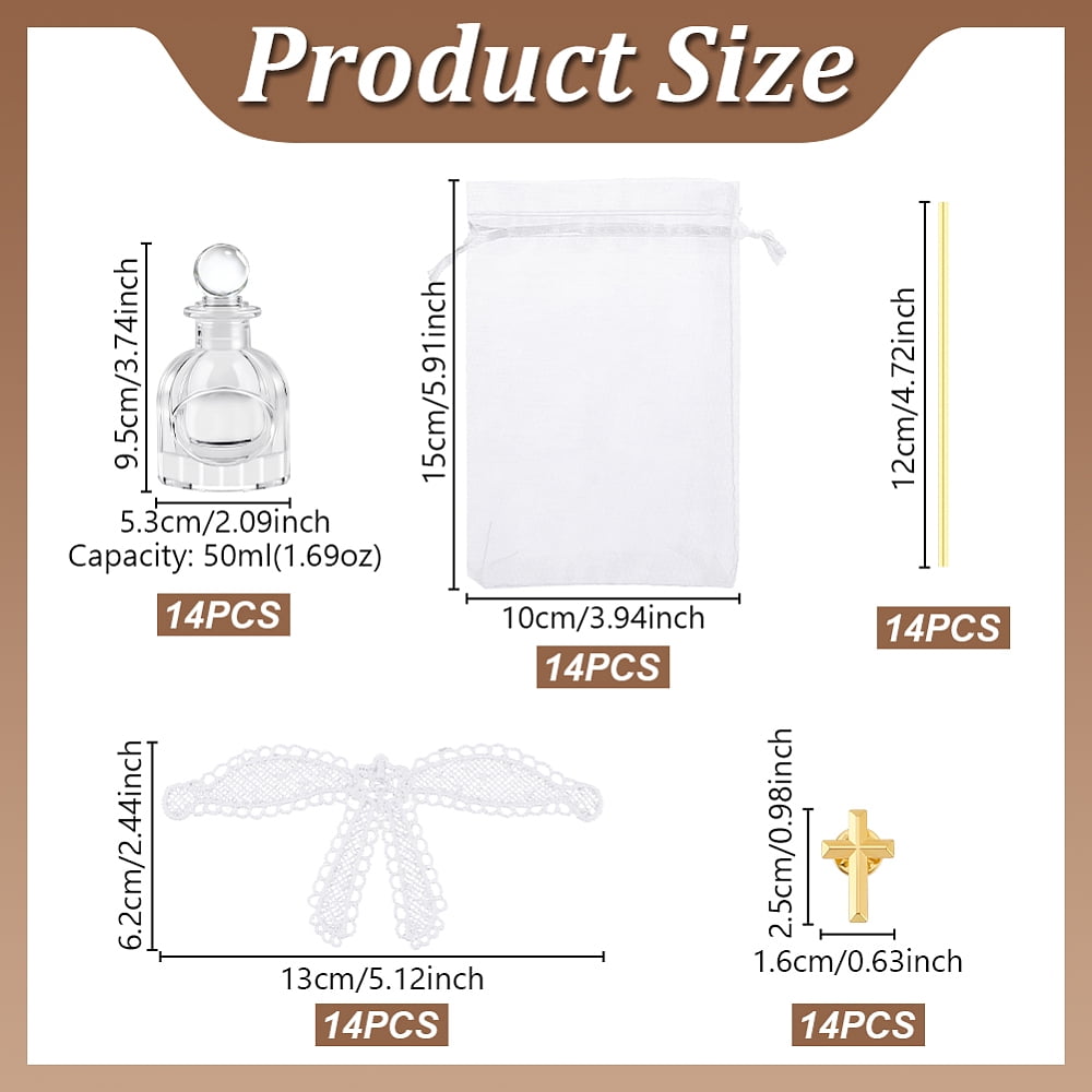 14 Sets Holy Bottle Baptism Favors with Rosary and Lace 50ml Empty Glass Holy Container Portable Empty Glass Travel Bottles
