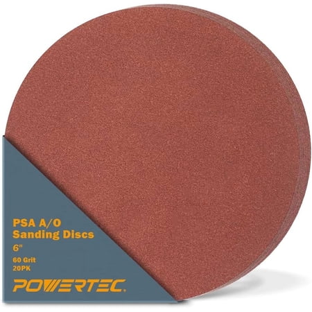POWERTEC 20PK 60 Grit 6 Inch PSA Sanding Discs, Self Stick Adhesive Sandpaper, 6" for Drywall, Woodworking, Paint, Epoxy with Random Orbital Sanders, DA Sanders, 4x36 Belt Disc Sander (110250-P2)