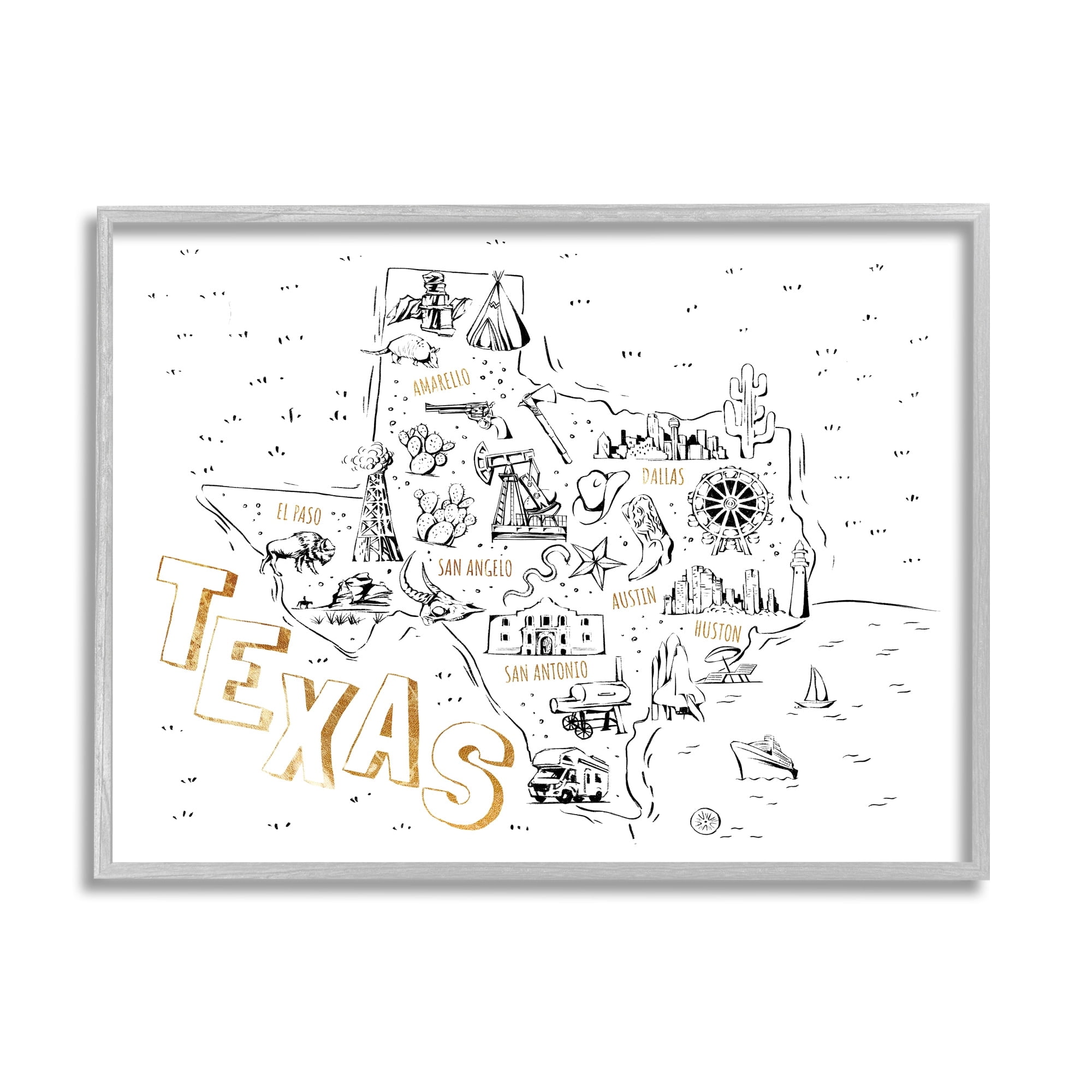 Stupell Industries Illustrated Texas Map Landmarks Destinations Diagram, 20 x 16, Design by Ziwei Li