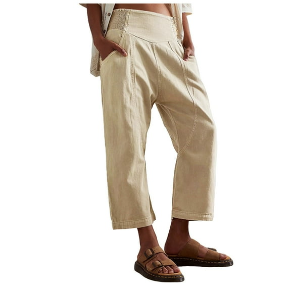 Bmisegm Denim Harem Pants for Women Loose Fit Wide Leg Cropped Barrel Jeans Pants for Women Khaki L